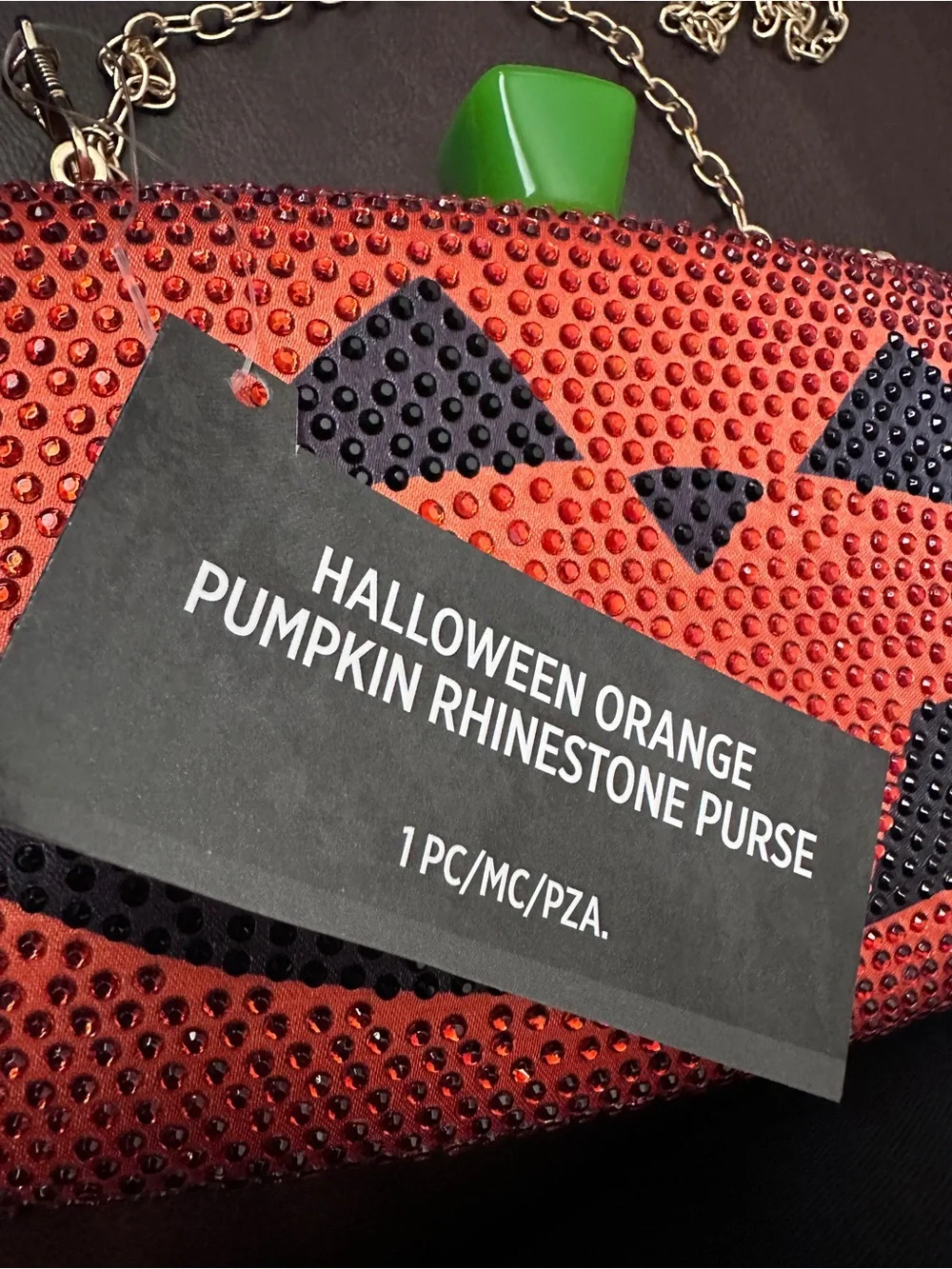 Rhinestone Bling Jack-O'-Lantern Pumpkin Evening Clutch with Gold Chain